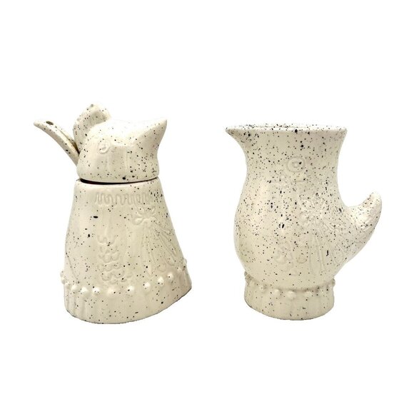 Anthropologie Ceramic Creamer Sugar Bowl Spoon Set Bird Chicken Speckled Pottery - Picture 3 of 7